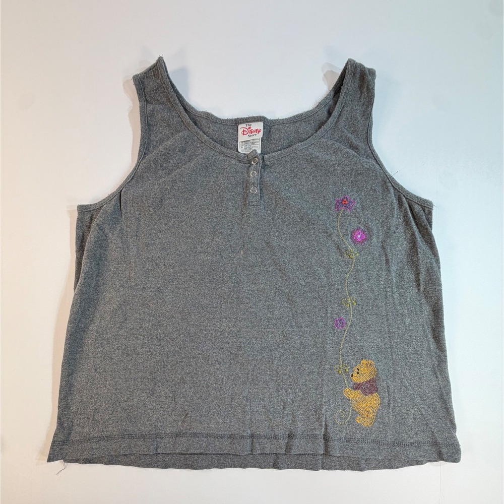 Vintage Disney Store Winnie the Pooh Henley Tank Top Gray Cotton XL